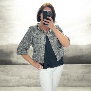 Teri Jon by Rickie Freeman gray cropped blazer evening jacket tweed pearls 16